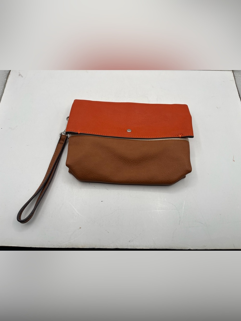 Chico's Orange and Brown Fold-Over Wristlet Clutch